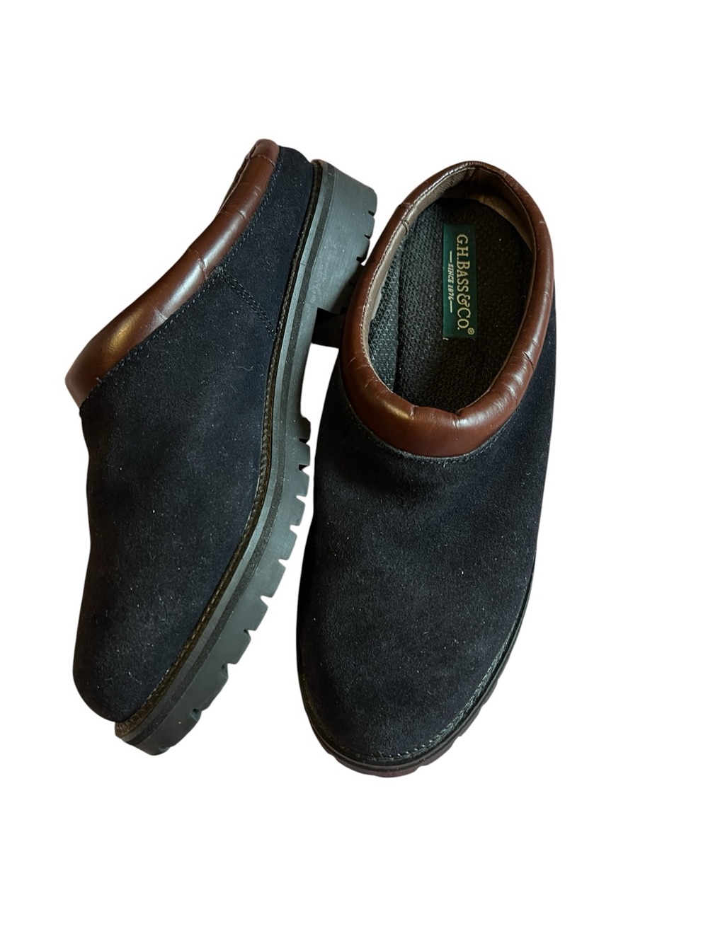 G.H. Bass & Co. Black Suede Mules with Brown Leather Collar
